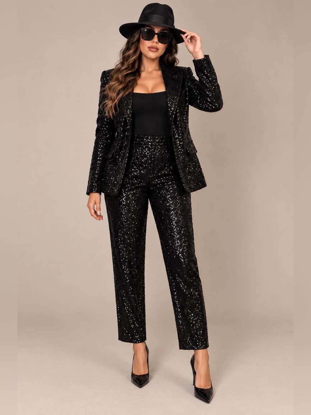 Black Sequin Tailored Pants - Elegant Women's Evening Trousers